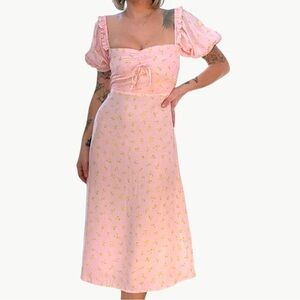 Faithfull the Brand Juniper Luda Floral Midi Dress Size 4 Light Pink Flaw New